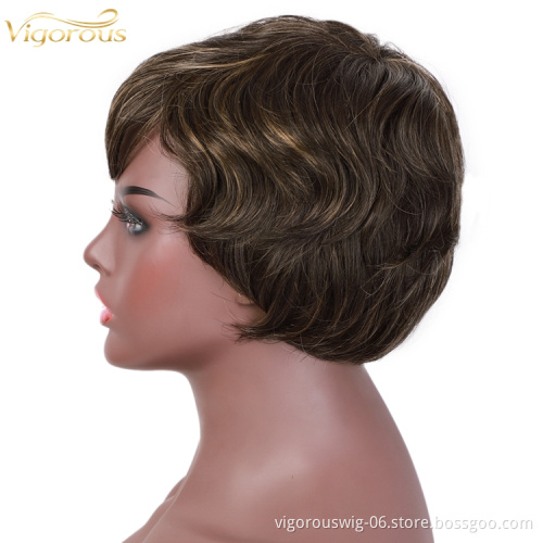 Vigorous Wholesale Cheap Pixie Cut Wigs for Black Women Short Synthetic Hair Heat Resistant Side Part Wig Highlight Natural Wave